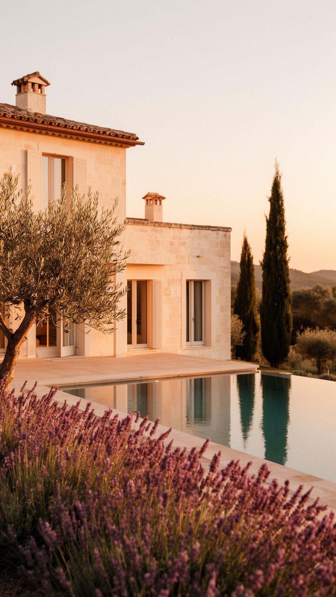 A stone villa at golden hour with cypress and lavender