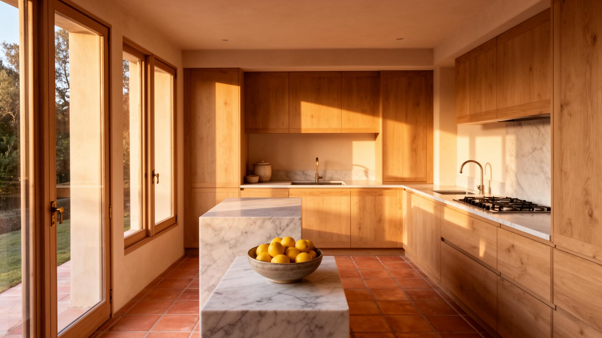 Sunlit kitchen with marble island and lemons